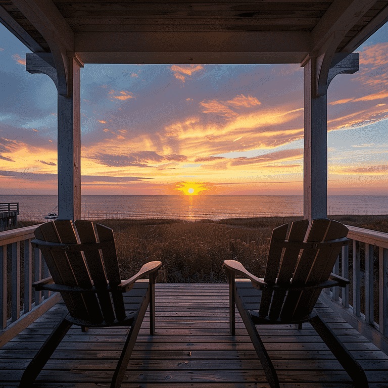 Two empty chairs on a porch facing a serene sunset, symbolizing reflection and peace for caregivers