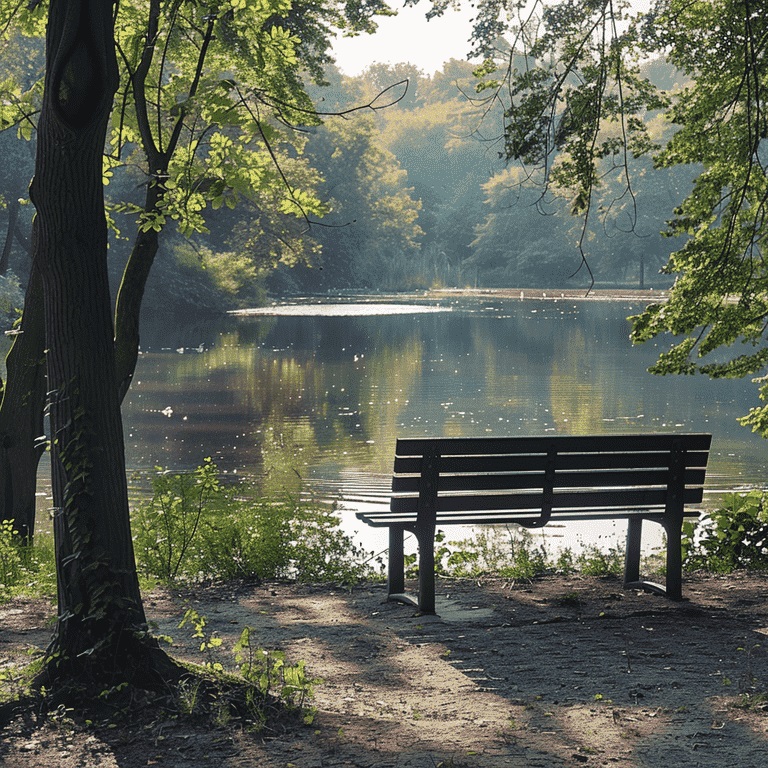 Peaceful bench by a lake offering a moment of tranquility for caregivers