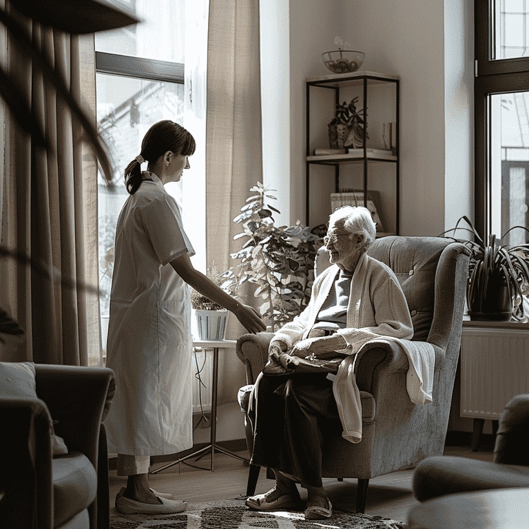 Caregiver providing assistance to a comfortably seated elderly person in a home setting