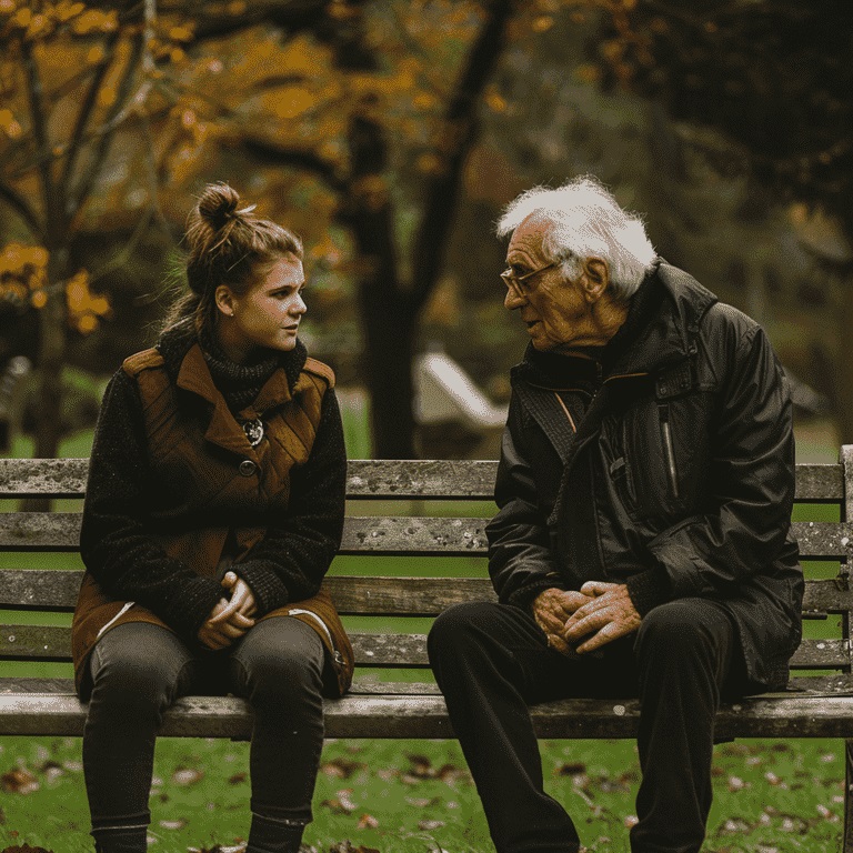 Elderly parent and adult child having a heartfelt conversation on a park bench